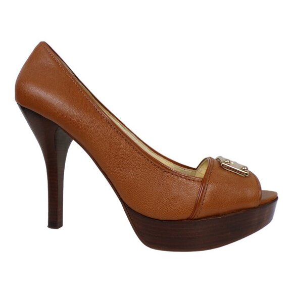 Michael Kors Peep Toe Platform Heels Gold Est 1981 Nameplate Sz 8.5M #596 - Picture 1 of 14